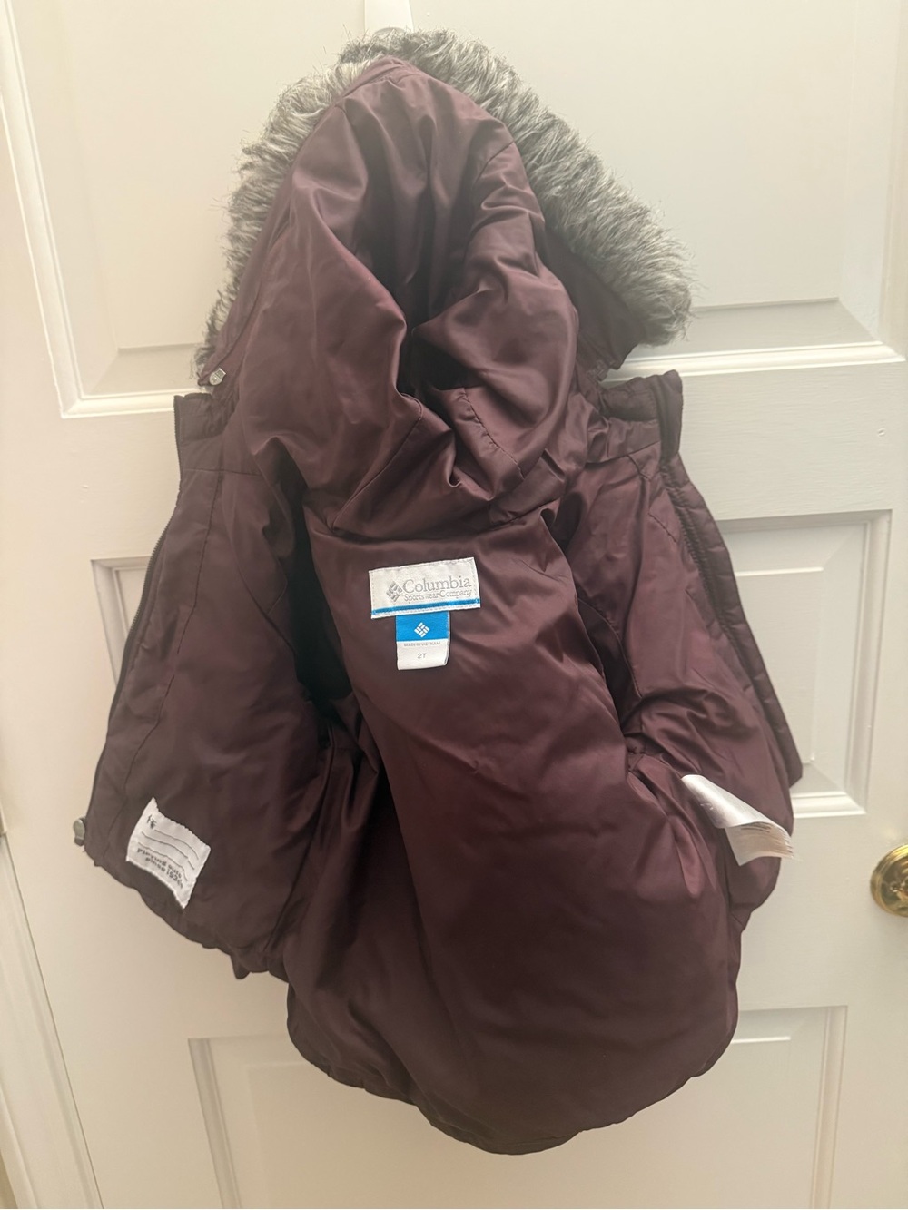 Columbia Girls' Maroon Puffer Coat with Faux Fur Hood - Picture 2 of 3